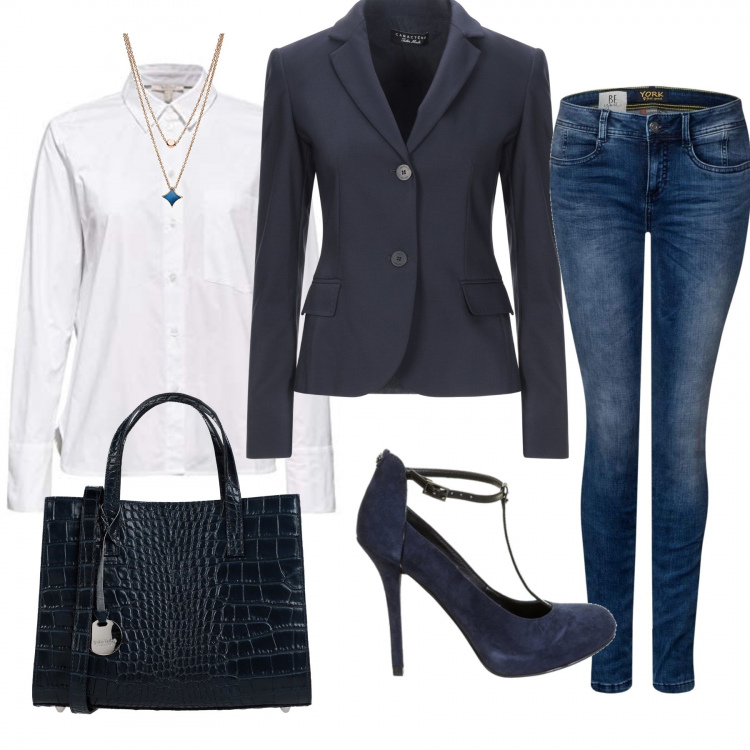 Outfit mujer - Bon Ton #16656. Estilo Bon Ton para Oficina. Combinación con blusas, vaqueros slim fit, collares, zapatos de tacón, blazers, bolso de mano.