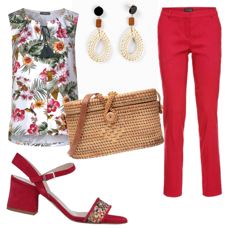 Outfit donna - Top a fiori. Stile Etnico per Tutti i giorni. Abbinamento con pantaloni, orecchini, sandali, borse a tracolla, vestaglie.