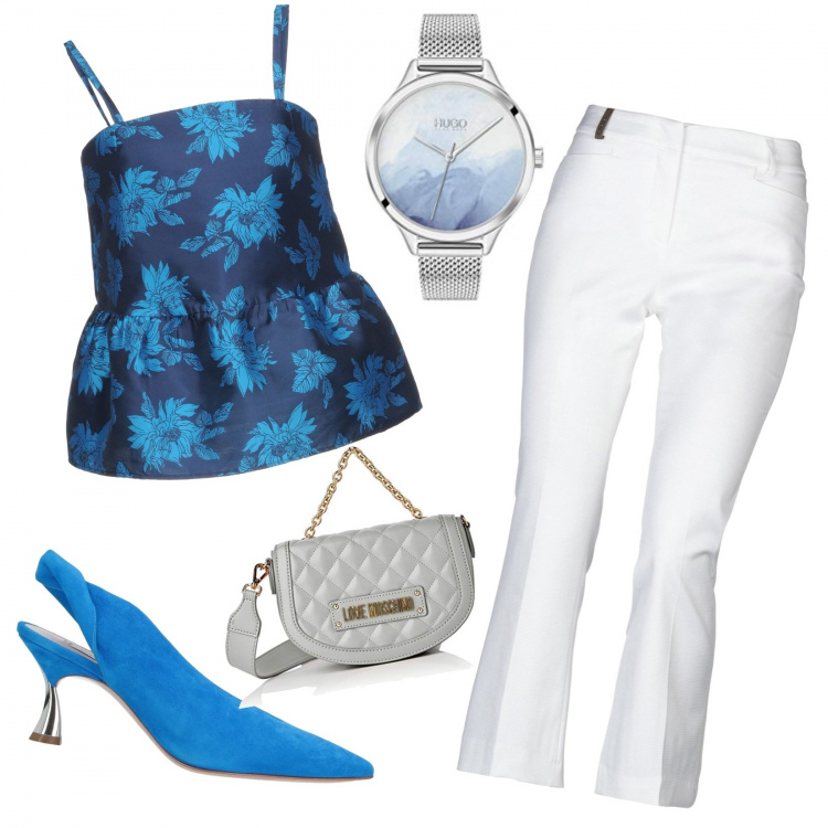 Outfit donna - Azzurro floreale per il top svasato!. Stile Trendy per Serata fuori. Abbinamento con pantaloni, top, décolleté, orologi analogici, borse a mano.
