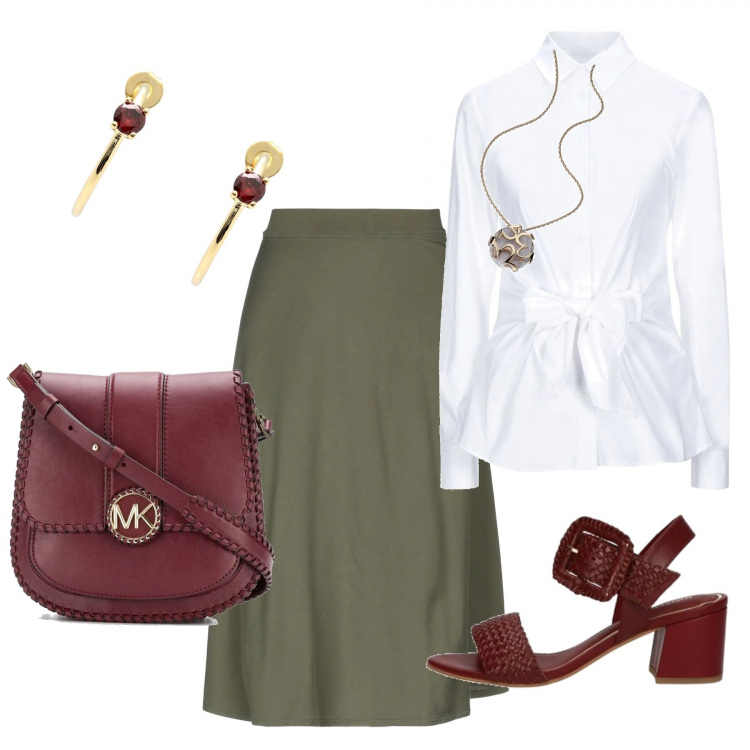 Outfit mujer - Cimida de negocios. Estilo Trendy para Todos los días. Combinación con collar, sandalias, blusa, falda longuette, bolsos mensajero, pendientes.