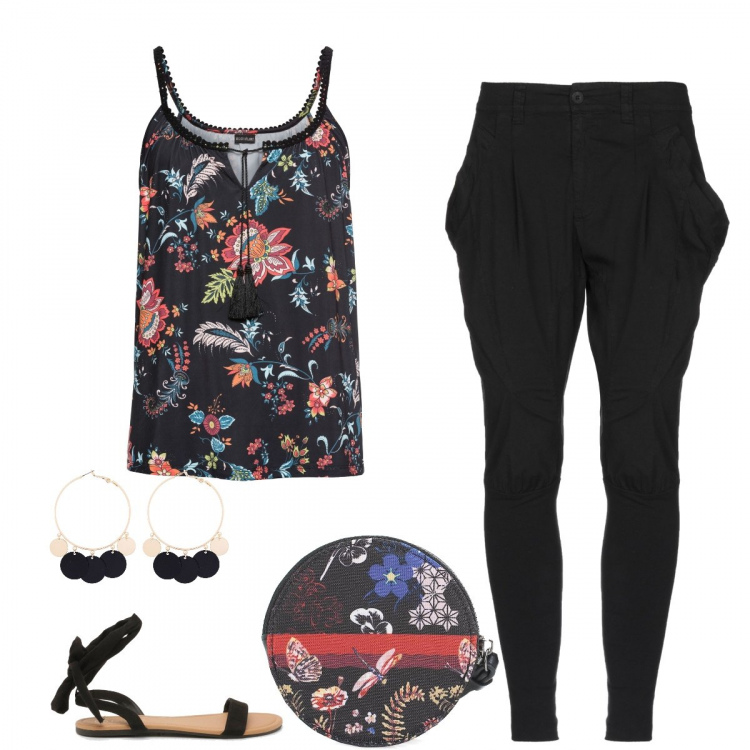 Outfit donna - Top a fiori e sandalo flat. Stile Trendy per Tutti i giorni. Abbinamento con top, orecchini, pantalone lungo, sandali, borsa.