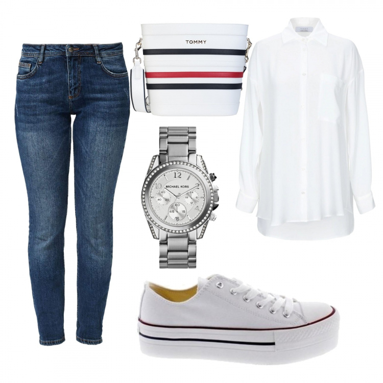 Outfit mujer - Confort. Estilo Basic para Todos los días. Combinación con vaqueros, sneakers, relojes analógicos, bandolera, camisa.