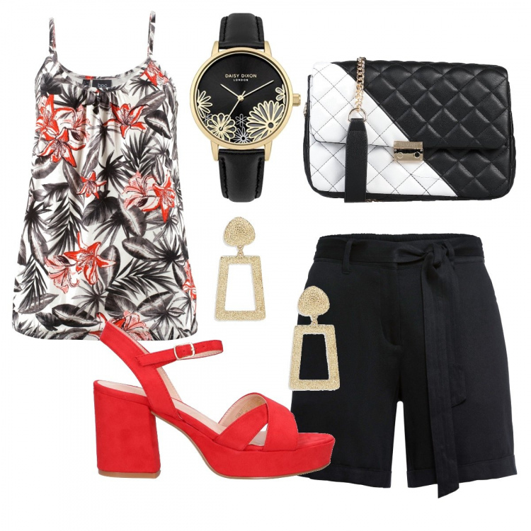 Outfit donna - Top & Shorts. Stile Basic per Serata fuori. Abbinamento con top, shorts, borse a spalla, orecchini, sandali, orologi analogici.