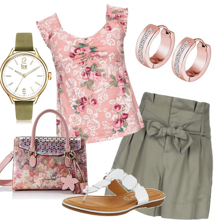 Outfit femme - Été 2020. Style Tendance pour Tous les jours. Assortir avec hauts, pantacourt, sacs à main, pantoufles, boucles d'oreilles.