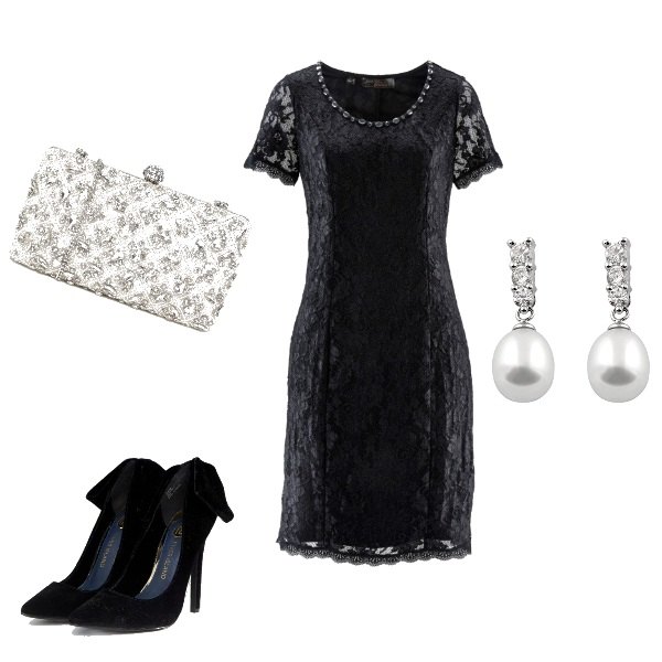 Outfit donna - Serata elegante. Stile Chic per Serata fuori. Abbinamento con vestiti midi/longuette, orecchini in argento 925 bianco.