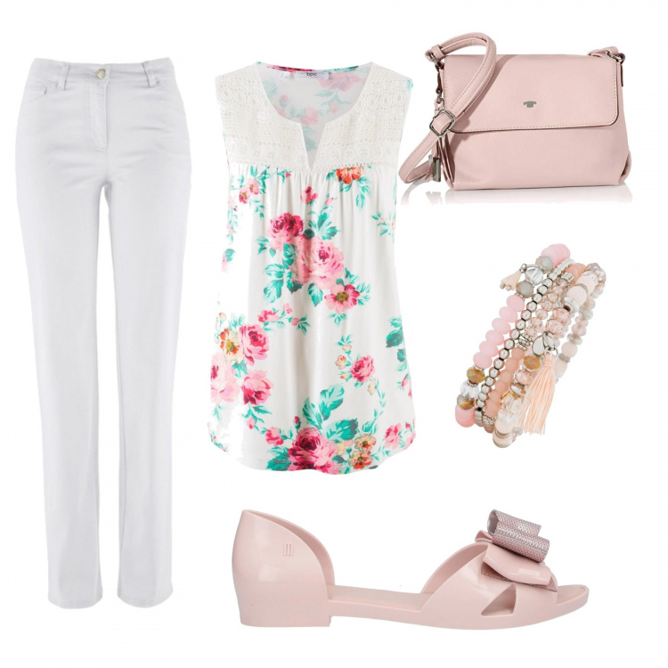 Outfit femme - Fleurs au top. Style Bon Ton pour Tous les jours. Assortir avec pantalon , bracelets, hauts, sandales, sacs à bandoulière et portés à l'épaule.