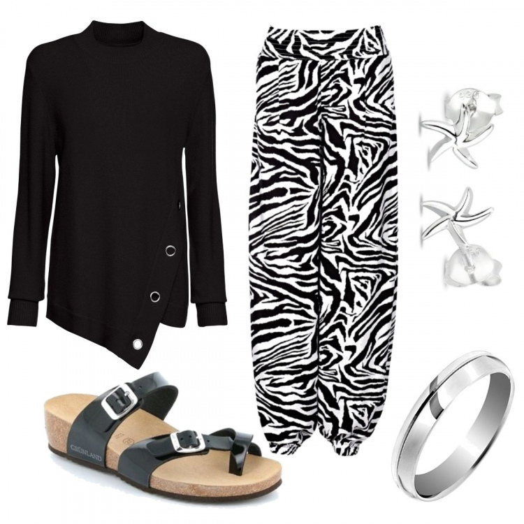 Outfit donna - Bianco, nero e.... Stile Basic per Serata fuori. Abbinamento con pantaloni a palazzo, maglioni, sandali, orecchini, anelli.