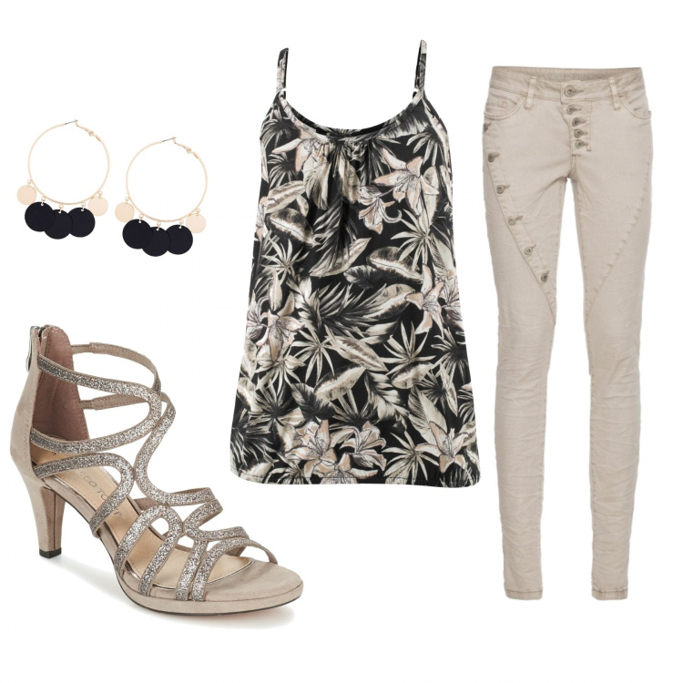 Outfit donna - Canotta a fiori. Stile Urban per Tutti i giorni. Abbinamento con top, pantaloni, orecchini, sandali.