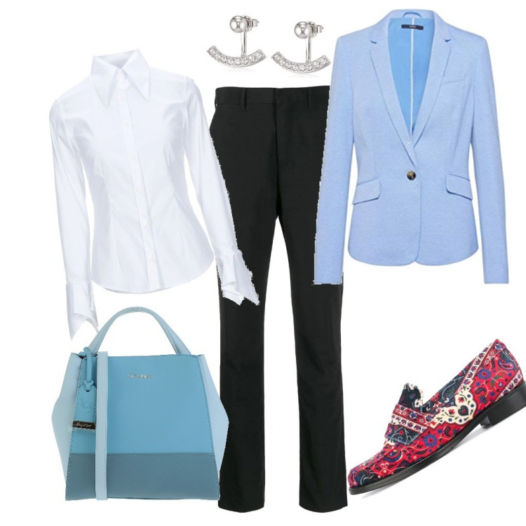 Outfit femme - Chemise blanche la classe au masculin. Style Bon Ton pour Bureau. Assortir avec chemisiers, blazers, mocassins, sacs à l'épaule, boucles d'oreilles.