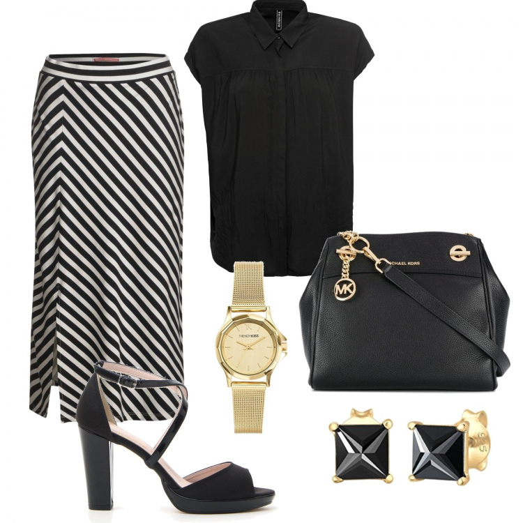 Outfit donna - Bon Ton #16714. Stile Bon Ton per Ufficio. Abbinamento con camicie a manica corta, borse a spalla, gonne, décolleté, orecchini, orologi.