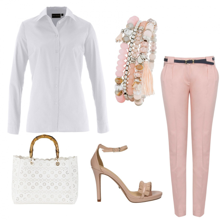 Outfit donna - Bon Ton #16727. Stile Bon Ton Abbinamento con camicie, borse a mano, braccialetti, pantaloni, sandali.