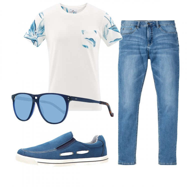 Outfit uomo - Casual #11123. Stile Casual per Tutti i giorni. Abbinamento con jeans, scarpe stringate, t-shirt, occhiali da sole.