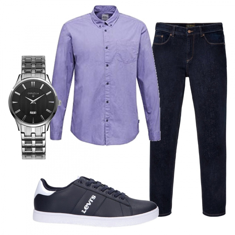 Outfit uomo - Casual #11128. Stile Casual per Ufficio. Abbinamento con jeans dritti, sneakers, camicie, orologi.