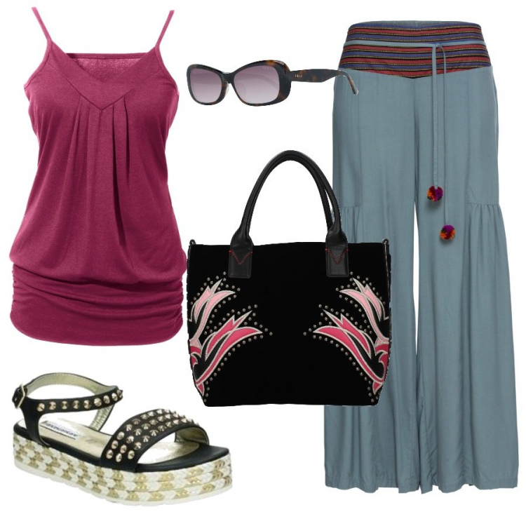 Outfit donna - Comoda con stile. Stile Urban per Tutti i giorni. Abbinamento con top, pantaloni, borse a mano, sandali, occhiali da sole.