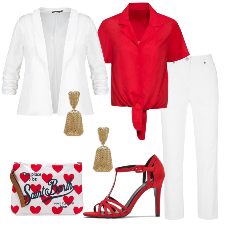 Outfit donna - Bianco e rosso. Stile Trendy per Tutti i giorni. Abbinamento con pantaloni, camicie a manica corta, sandali con tacco, blazer, orecchini, clutch.