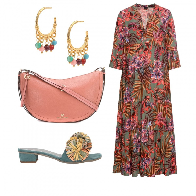 Outfit donna - Il maxi abito fantasia Jungle. Stile Etnico per Tutti i giorni. Abbinamento con vestiti lunghi, sandali col tacco, orecchini, borse a spalla.