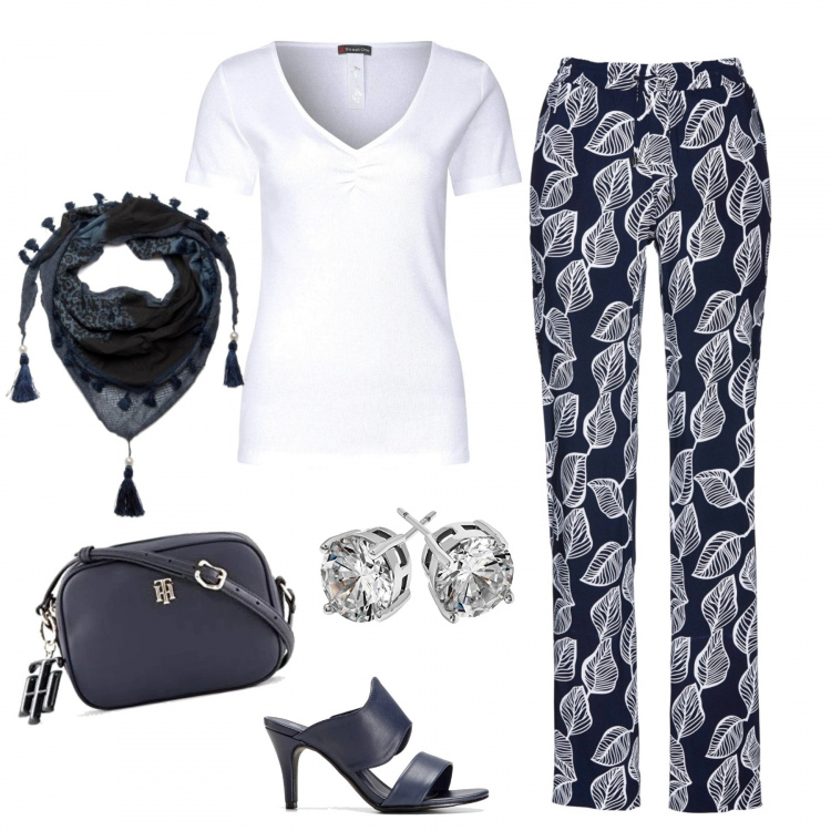 Outfit donna - I pantaloni a fantasia foliage. Stile Basic per Tutti i giorni. Abbinamento con pantaloni, pantofole, t-shirt, scialli, borse a spalla, orecchini.