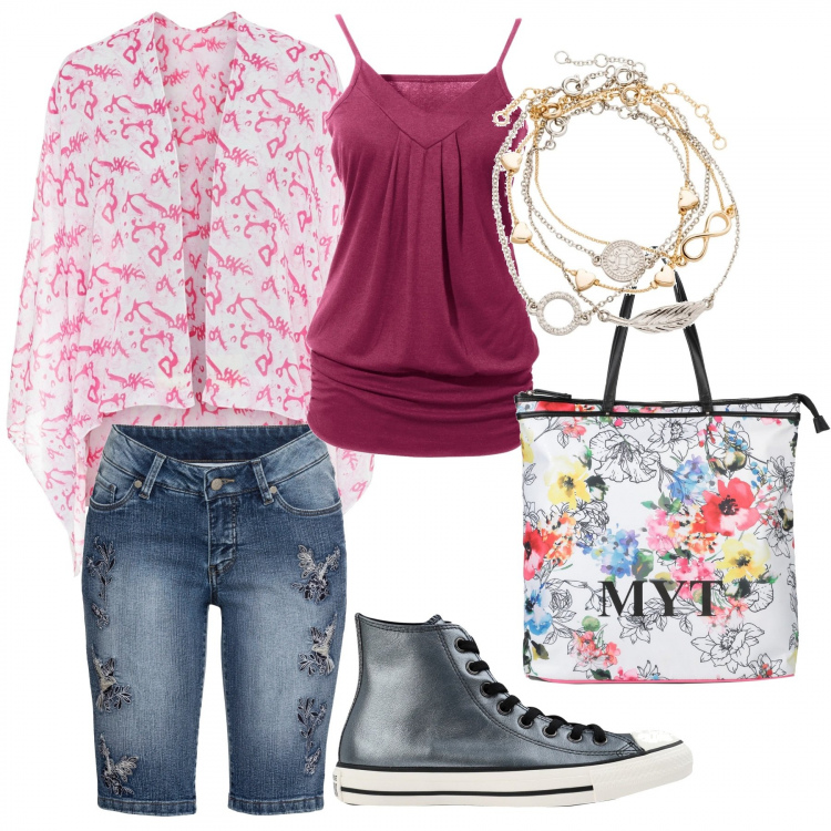 Outfit donna - Emma. Stile Urban per Tutti i giorni. Abbinamento con top, braccialetti con ciondoli, cappotti, bermuda, sneakers alte, borse a mano.
