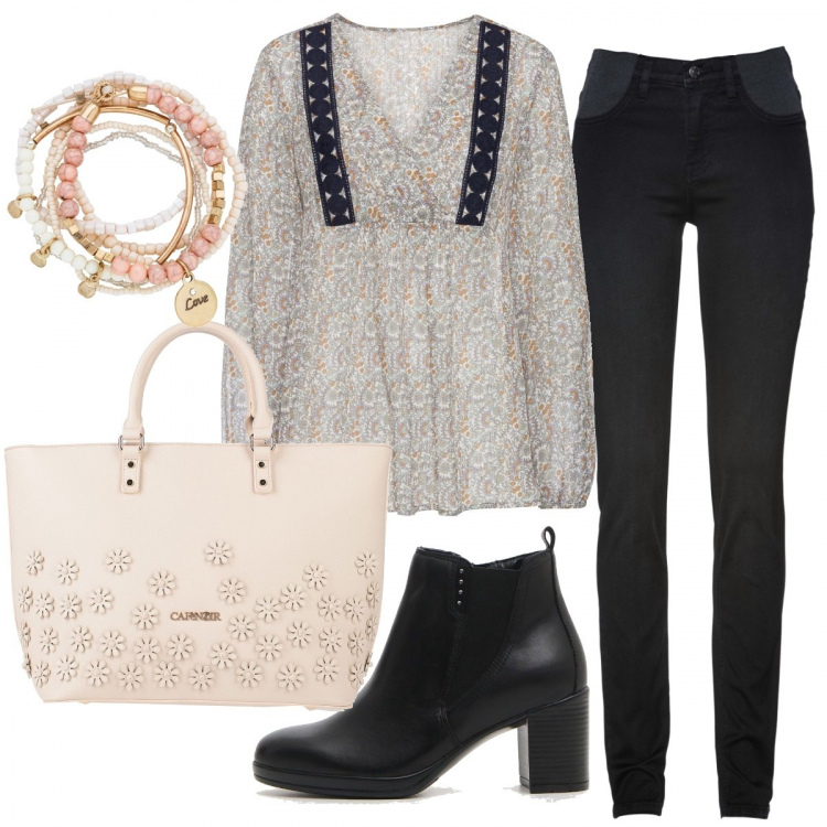 Outfit donna - Trendy #36372. Stile Trendy per Tutti i giorni. Abbinamento con jeans skinny, braccialetti, tuniche, borse a mano, stivaletti.