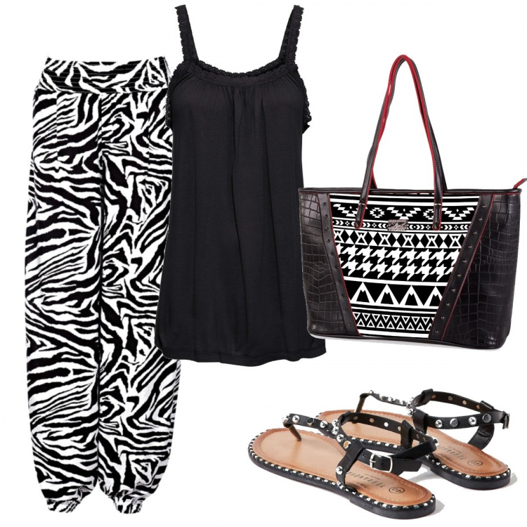Outfit donna - La mia Africa. Stile Etnico per Tutti i giorni. Abbinamento con pantaloni a palazzo, top, sandali, borsa a mano.
