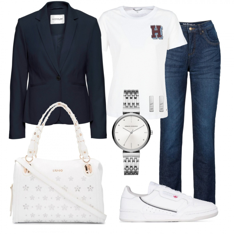 Outfit donna - Basic con stile. Stile Basic per Tutti i giorni. Abbinamento con blazer, jeans dritti, orologi, t-shirt, borse tote, sneakers.