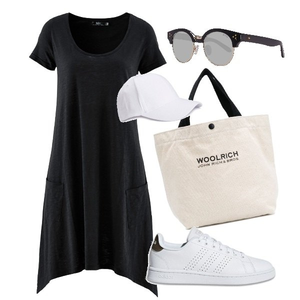 Outfit donna - Marinella5p. Stile Basic per Tutti i giorni. Abbinamento con vestiti, sneakers, borsa tote, occhiali da sole, berretti.