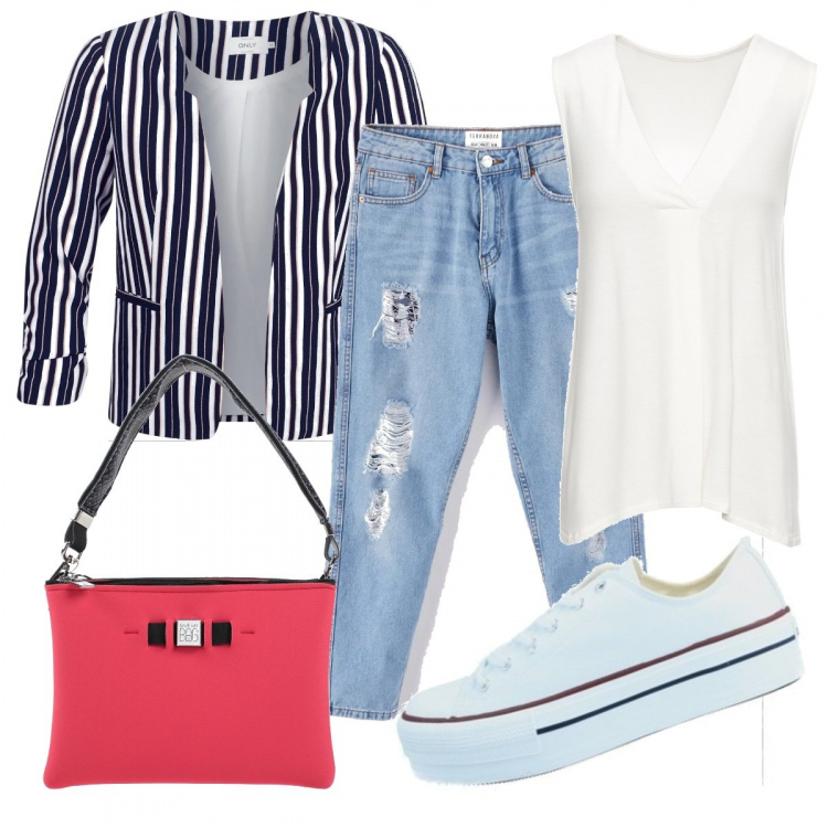 Outfit donna - Smart ...a lavoro. Stile Trendy per Ufficio. Abbinamento con top, borsa a mano, jeans boyfriend, giacche, sneakers.
