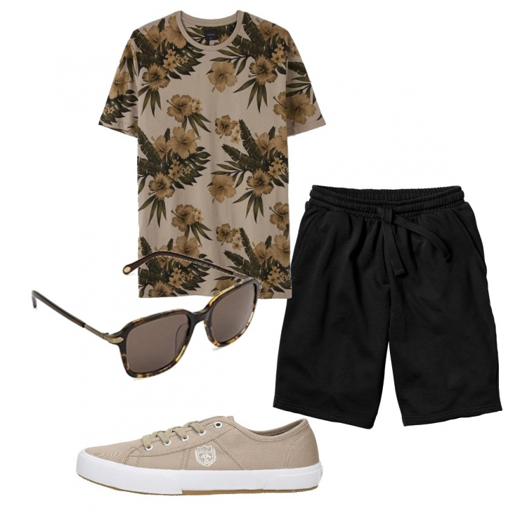 Outfit uomo - Casual #11208. Stile Casual per Tutti i giorni. Abbinamento con bermuda, t-shirt, polo, occhiali da sole.