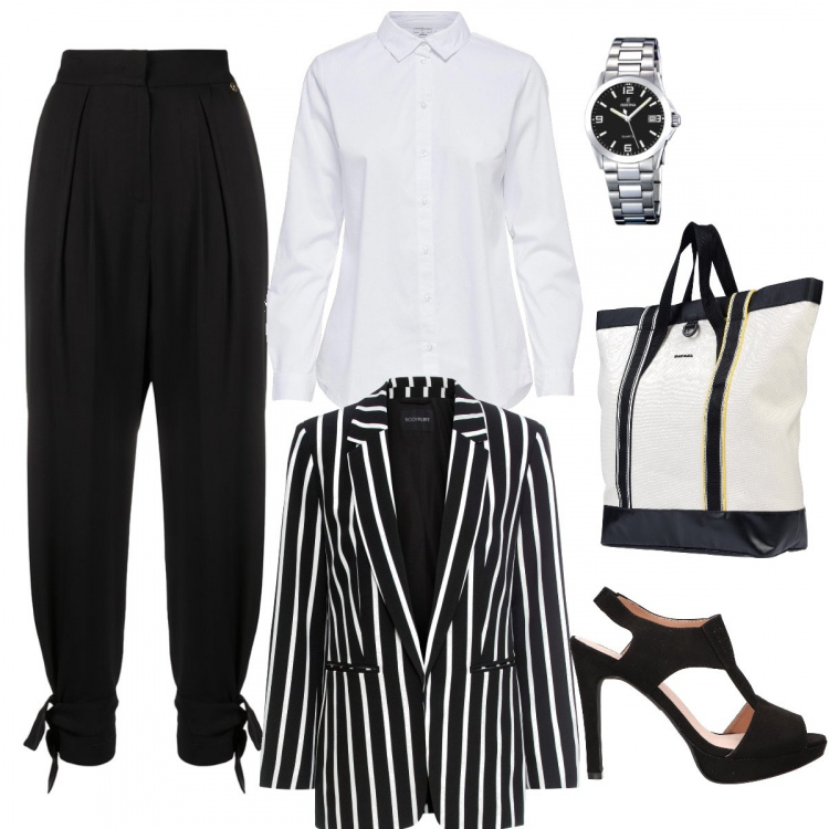 Outfit donna - La camicia bianca maschile. Stile Trendy per Ufficio. Abbinamento con blazer, zaini, camicie, pantaloni, sandali, orologi analogici.