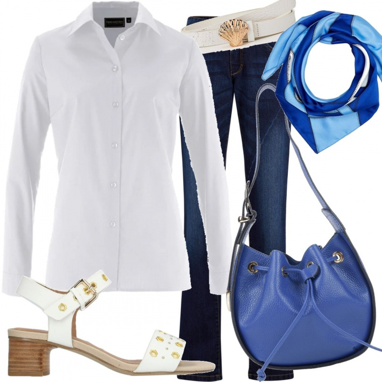 Outfit donna - In camicia. Stile Basic per Scuola/Università. look ideale per Tall. Abbinamento con camicie, jeans dritti, sandali con tacco, borse a mano, cinture, cappello.