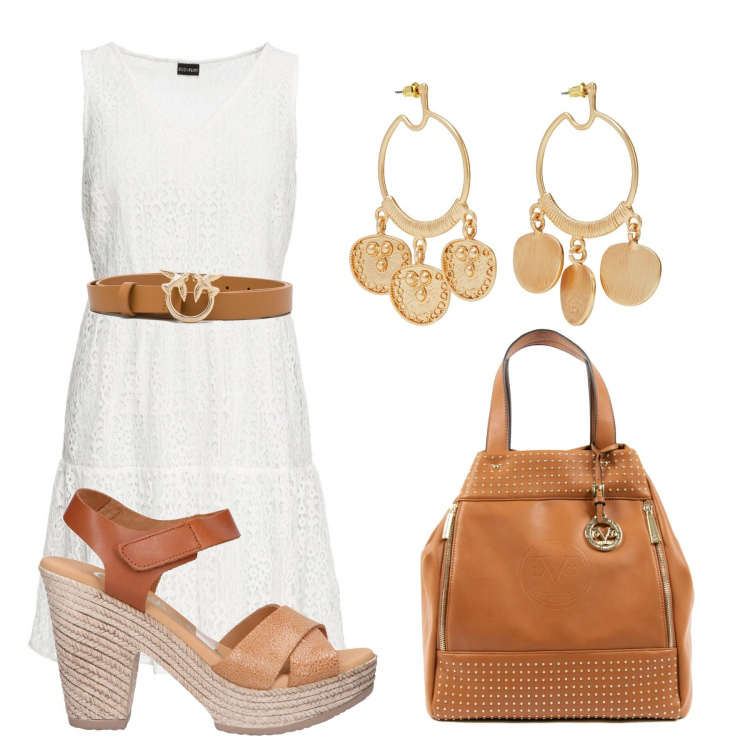 Outfit donna - Abito bianco. Stile Trendy per Tutti i giorni. Abbinamento con orecchini, vestiti, cinture, borse a mano, sandali con tacco.