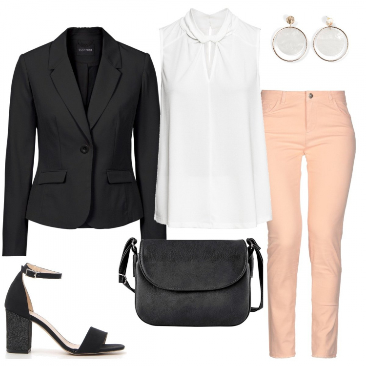 Outfit donna - Versatile eleganza. Stile Chic per Ufficio. Abbinamento con jeans slim fit, blazer, top, borse a tracolla, borse a mano, sandali.