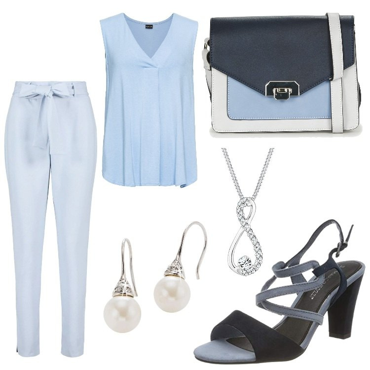Outfit donna - Fresca d\'azzurro in ufficio. Stile Chic per Ufficio. Abbinamento con top, orecchini, pantaloni skinny, borsa a tracolla, sandali, collane.