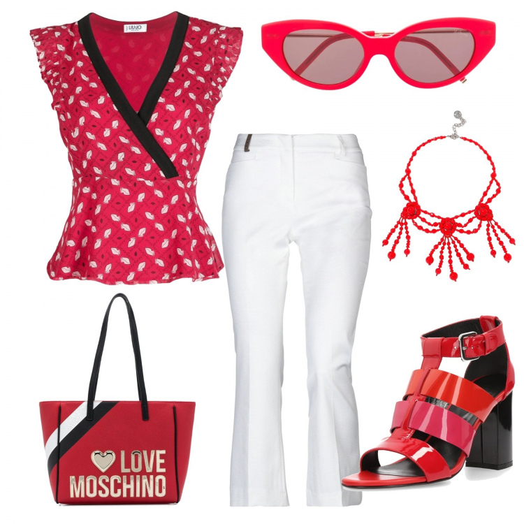 Outfit donna - Rosso Forever!. Stile Trendy per Tutti i giorni. Abbinamento con pantaloni, collane, top, borsa tote, occhiali da sole, sandali.