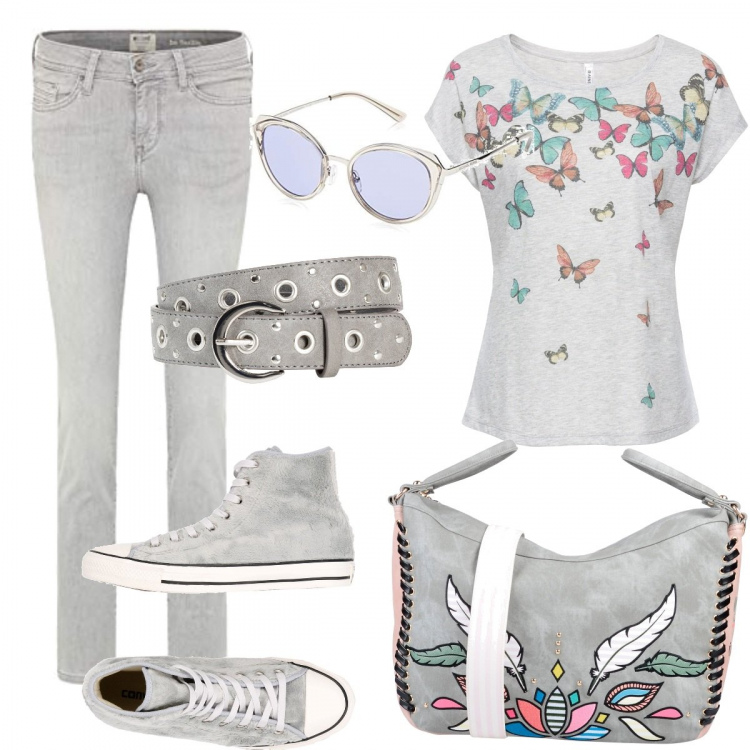 Outfit donna - T-shirt e jeans. Stile Basic per Scuola/Università. Abbinamento con borse a mano, sneakers alte, maglieria, cinture, jeggings, occhiali da sole.