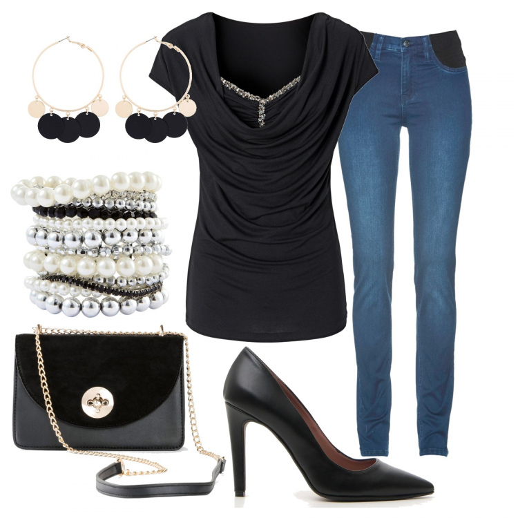 Outfit donna - Sexy #5237. Stile Sexy per Serata fuori. Abbinamento con jeans skinny, braccialetti, pullovers, vestiti lunghi, orecchini, décolleté.