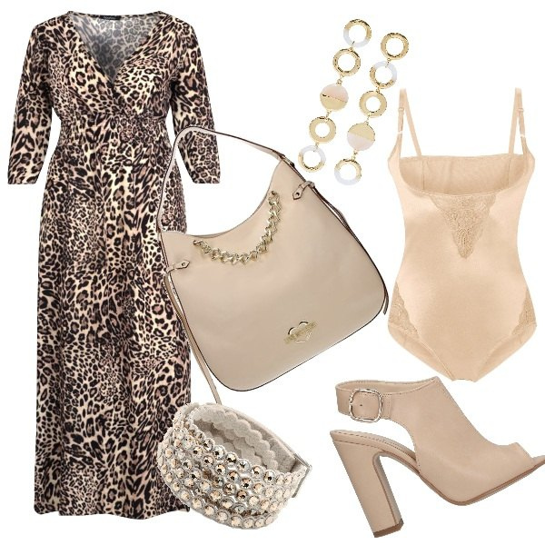 Outfit donna - Abito maculato. Stile Sexy per Serata fuori. Abbinamento con body, sandali col tacco, braccialetti, orecchini, vestiti lunghi, borse a spalla.