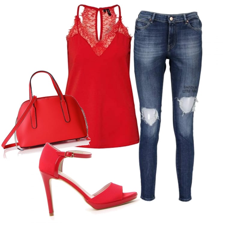 Outfit donna - Jeans e tacchi. Stile Trendy per Serata fuori. Abbinamento con top, sandali, borsa a mano, jeans.