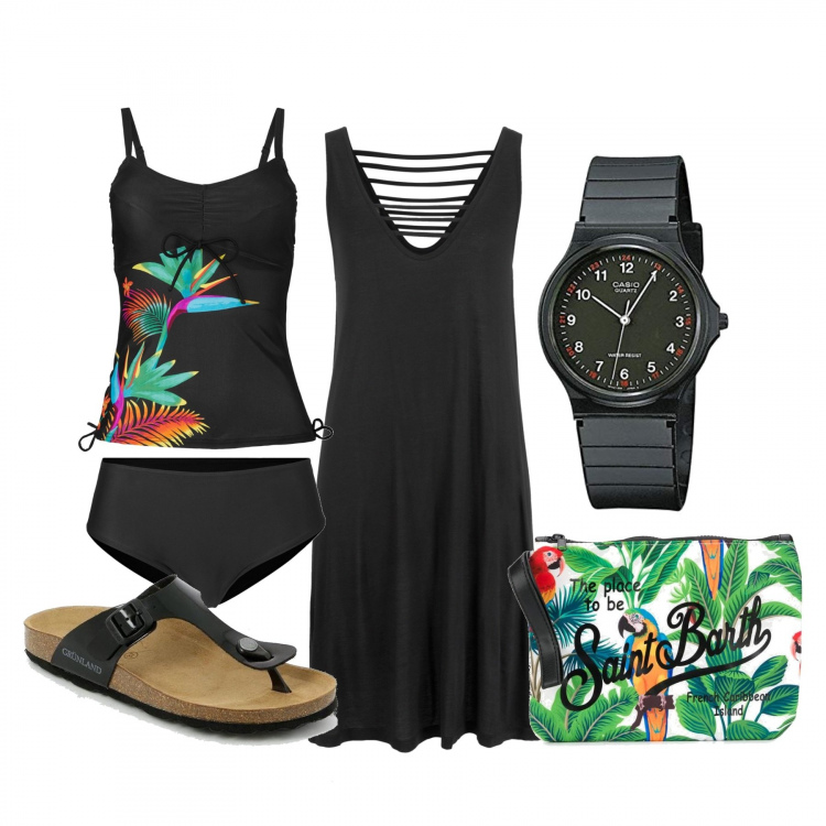 Outfit donna - Basic #22956. Stile Basic per Mare. Abbinamento con vestiti da spiaggia, maglieria, ciabatte, clutch, orologi analogici.