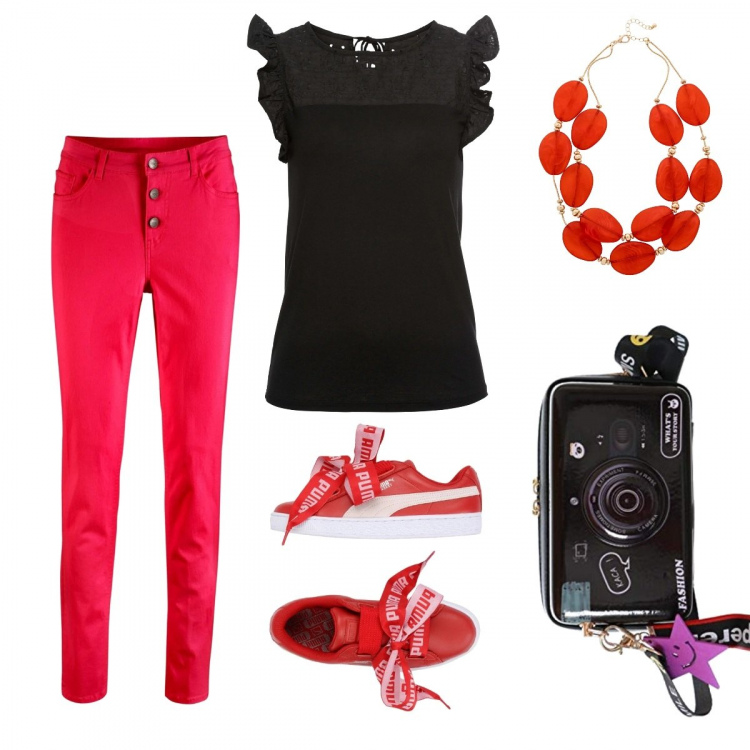 Outfit donna - Total look #590846. Abbinamento con sneakers, t-shirt, pantaloni, collane, borse a spalla.