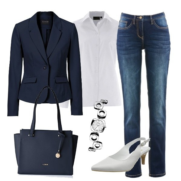 Outfit donna - Seria ma non troppo. Stile Basic per Tutti i giorni. Abbinamento con jeans dritti, blazer, camicie, scarpe col tacco, borsa a mano, orologi.