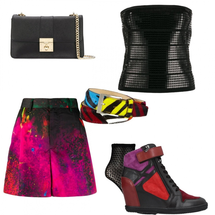 Outfit donna - Urban #14836. Stile Urban per Tutti i giorni. Abbinamento con top, shorts, borsa a spalla, sneakers, calzini, cinture.