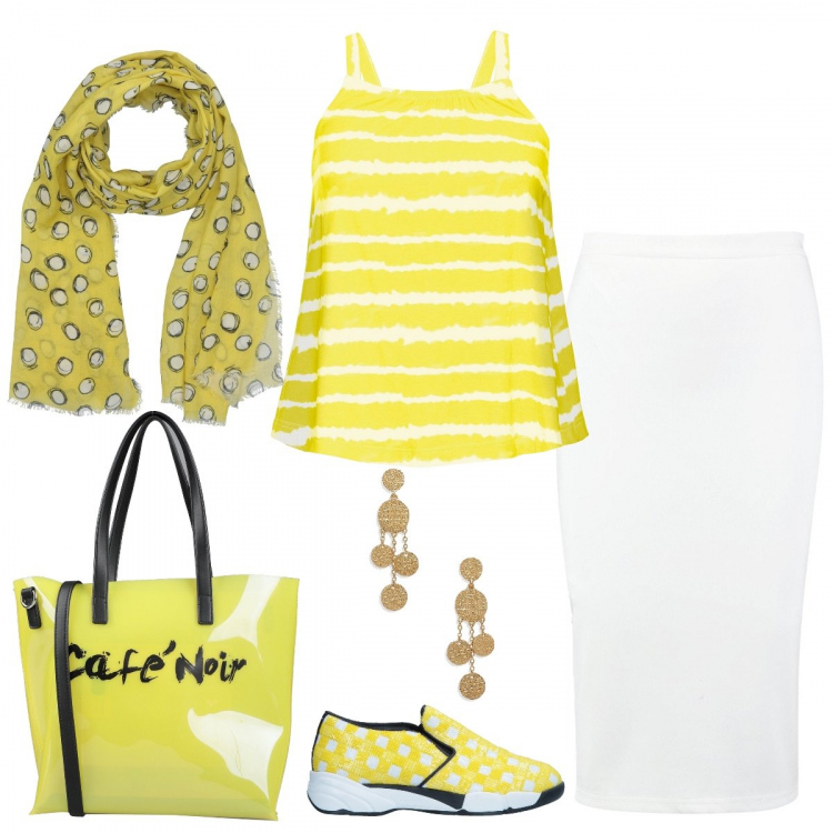 Outfit donna - Trendy in gialle fantasie. Stile Trendy per Tutti i giorni. Abbinamento con maglieria, sneakers, borse a mano, scaldacollo, gonne longuette, orecchini.
