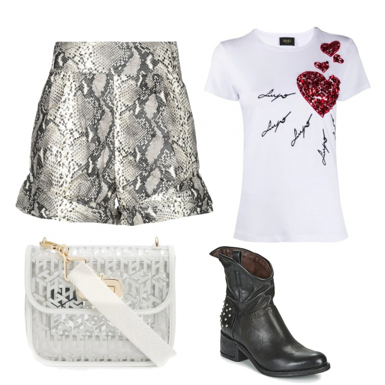 Outfit donna - Casual. Stile Basic per Tutti i giorni. Abbinamento con stivaletti, t-shirt, borse a tracolla, shorts.
