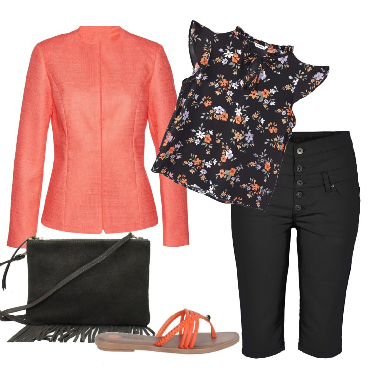 Outfit donna - Bon Ton #16933. Stile Bon Ton Abbinamento con bermuda, blazer, bluse, borse a spalla, infradito.