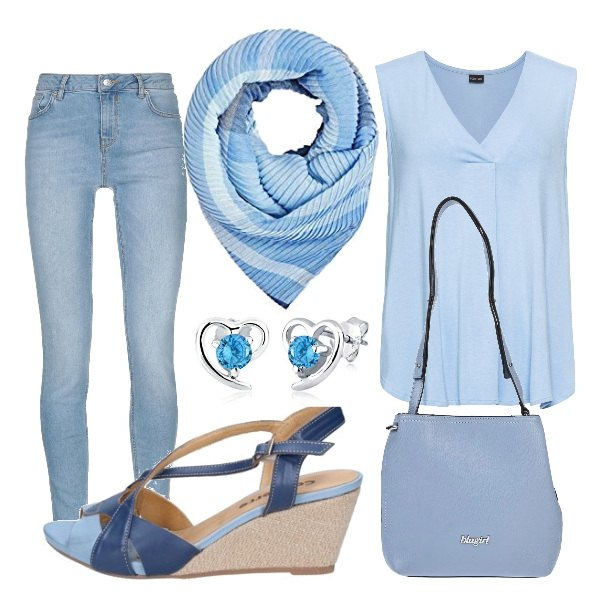 Outfit donna - La raffinatezza dei toni azzurri. Stile Basic per Tutti i giorni. Abbinamento con top, jeans, borse a secchiello, sandali, sciarpa, orecchini.