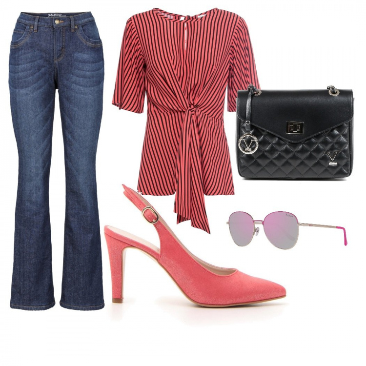 Outfit donna - Outfit curvy style. Stile Trendy per Tutti i giorni. Abbinamento con jeans bootcut, bluse, décolleté, occhiali da sole, pochette.