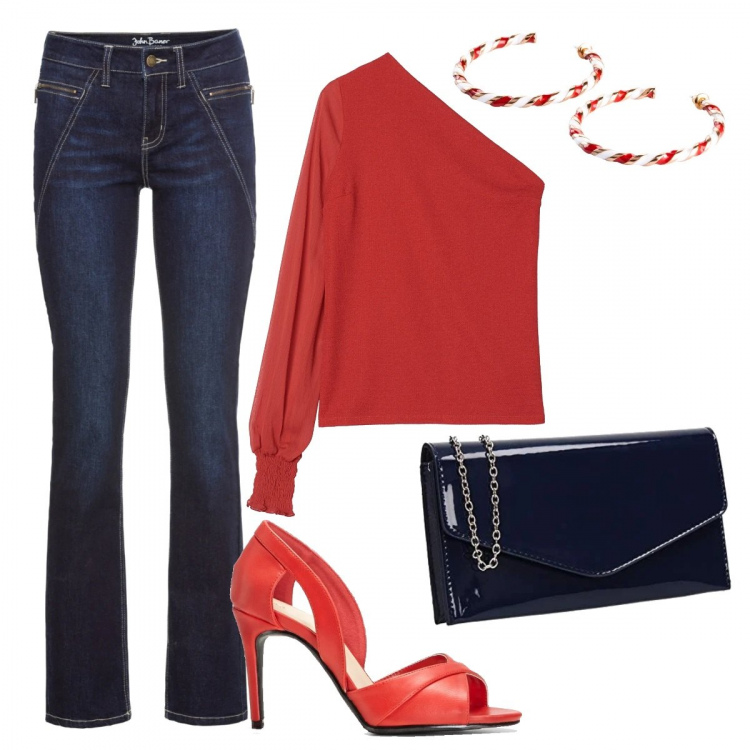 Outfit donna - Una blusa low cost. Stile Trendy per Serata fuori. Abbinamento con costumi interi, décolleté, jeans slim fit, vestiti, pochette.