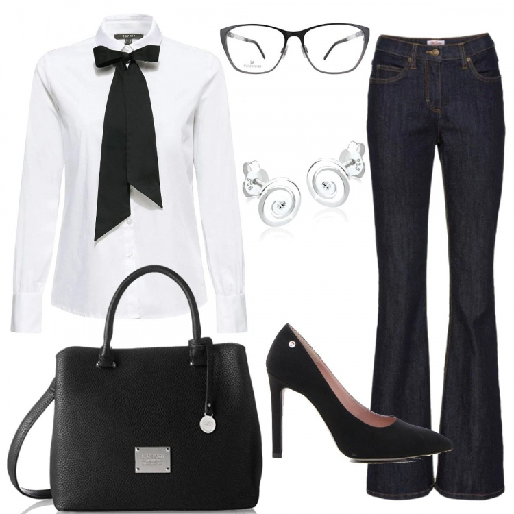 Outfit donna - Bianco e nero ma con stile. Stile Chic per Ufficio. Abbinamento con jeans bootcut, scarpa, camicie, borse a cartella, orecchini.
