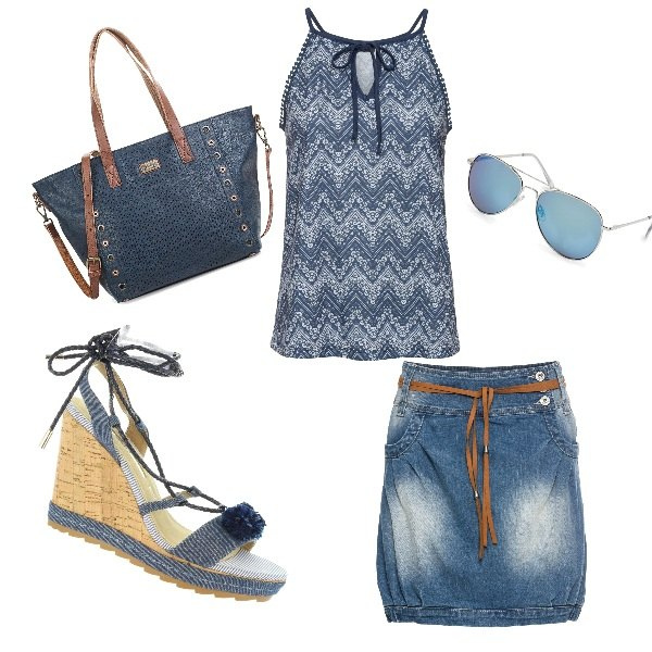 Outfit donna - Caldo pomeriggio. Stile Basic per Tutti i giorni. Abbinamento con minigonne, vestiti, shopping bag, sandali, occhiali da sole.